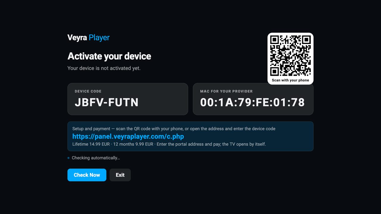Activation screen with device code and QR code